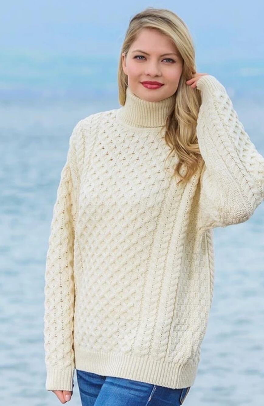 Aran Crafts Irish Merino Wool Fisherman Turtleneck Sweater Medium Beige